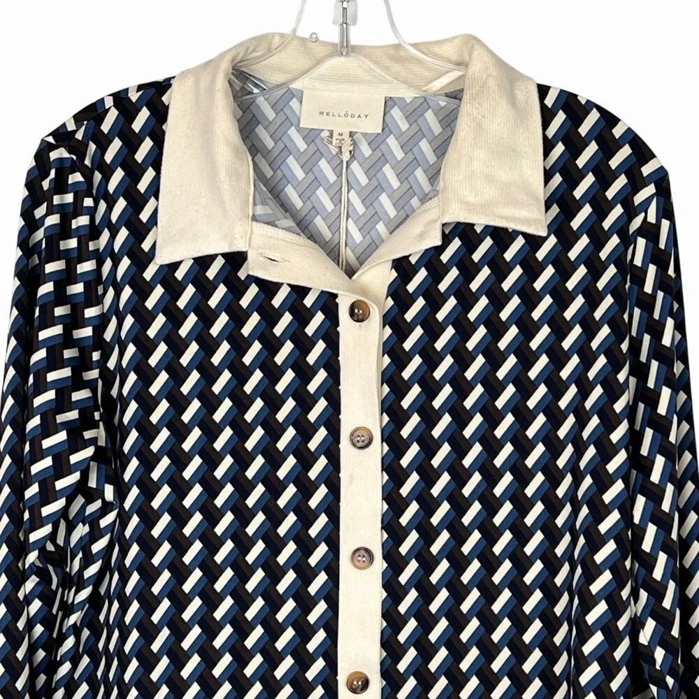 New Melloday Long Sleeve Button-Down Geometric Knit Shirt Dual-Color Collar